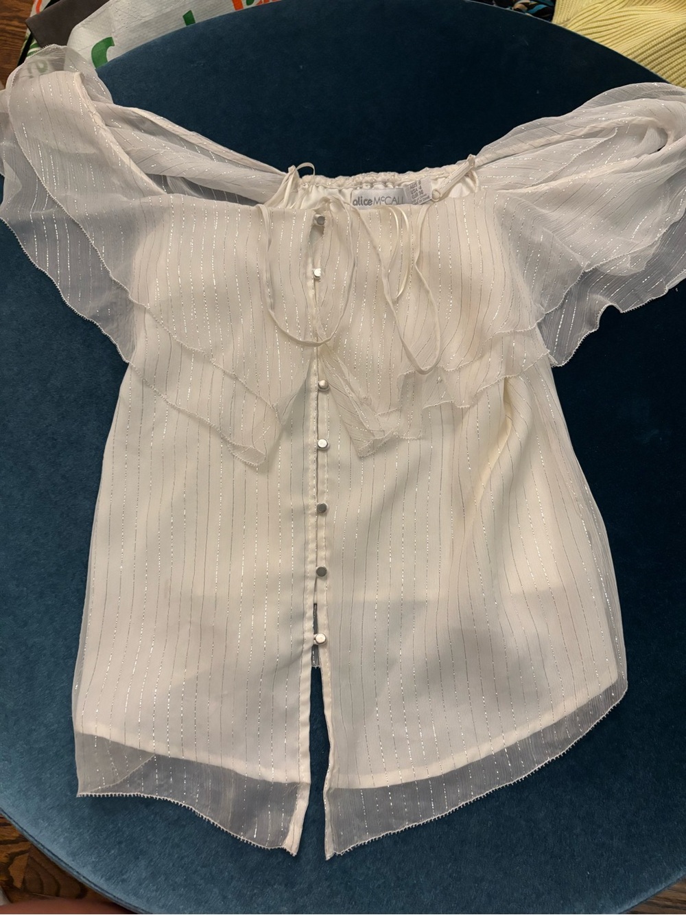Alice McCall Cream Off-Shoulder Ruffle Button-Front Top with metallic details